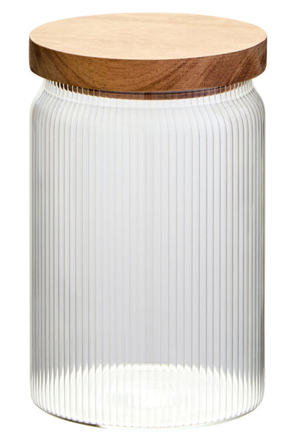 Freska Ribbed Round Glass Jar with Acacia Wood Lid 870ml - Image 1