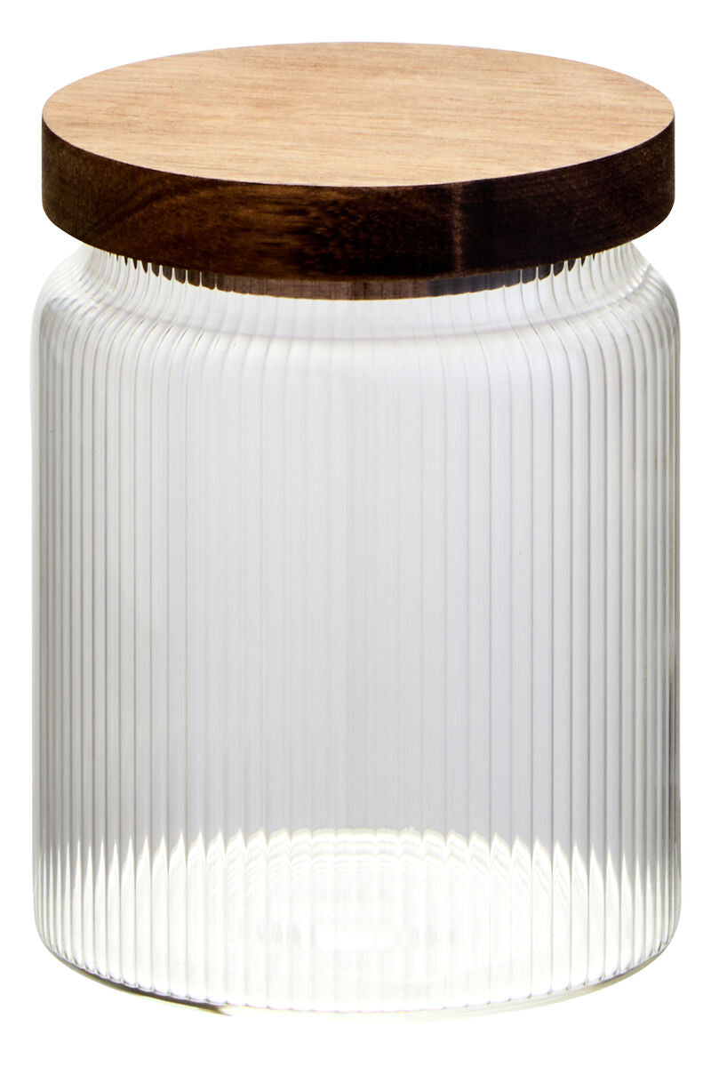 Freska Ribbed Round Glass Jar with Acacia Wood Lid 700ml - Image 1