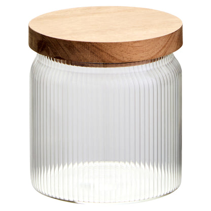 Freska Ribbed Round Glass Jar with Acacia Wood Lid 540ml - Image 1