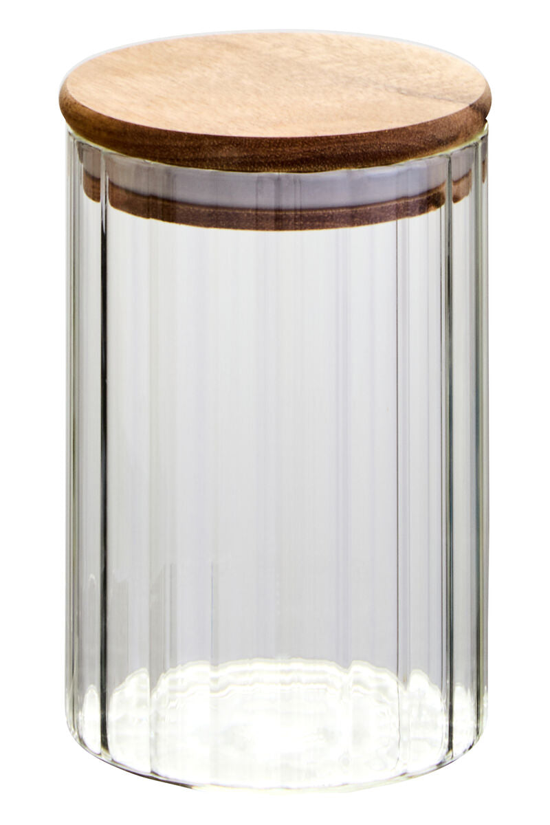 Freska Ribbed Round Glass Jar with Acacia Wood Lid 550ml - Image 1