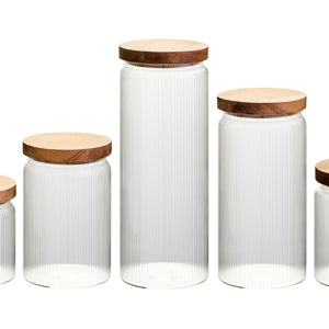 Set of Five Ribbed Round Glass Jars with Acacia Wood Lids | Freska