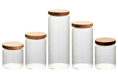 Freska Set of Five Ribbed Round Glass Jars with Acacia Wood Lids