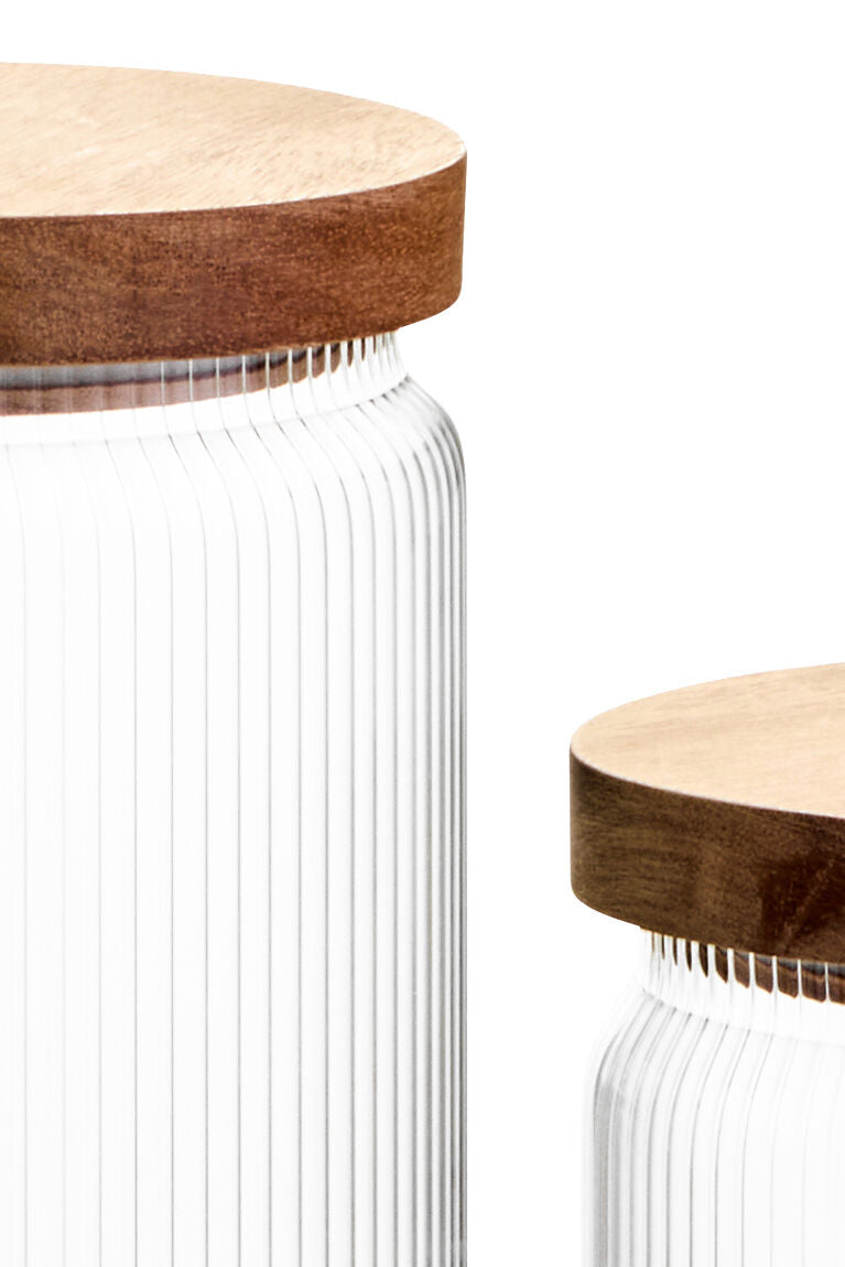 Freska Set of Five Ribbed Round Glass Jars with Acacia Wood Lids