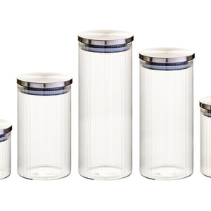 Set of Five Ribbed Round Glass Jars with Silver Lids | Freska