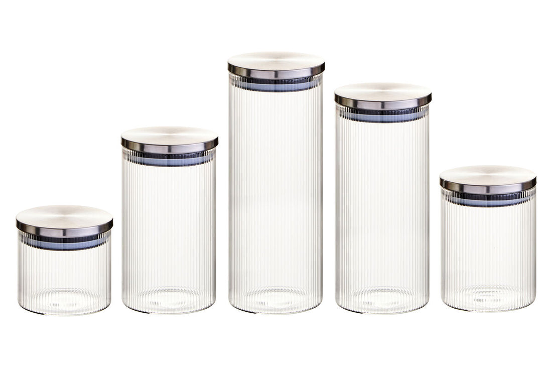 Freska Set of Five Ribbed Round Glass Jars with Silver Lids - Image 1
