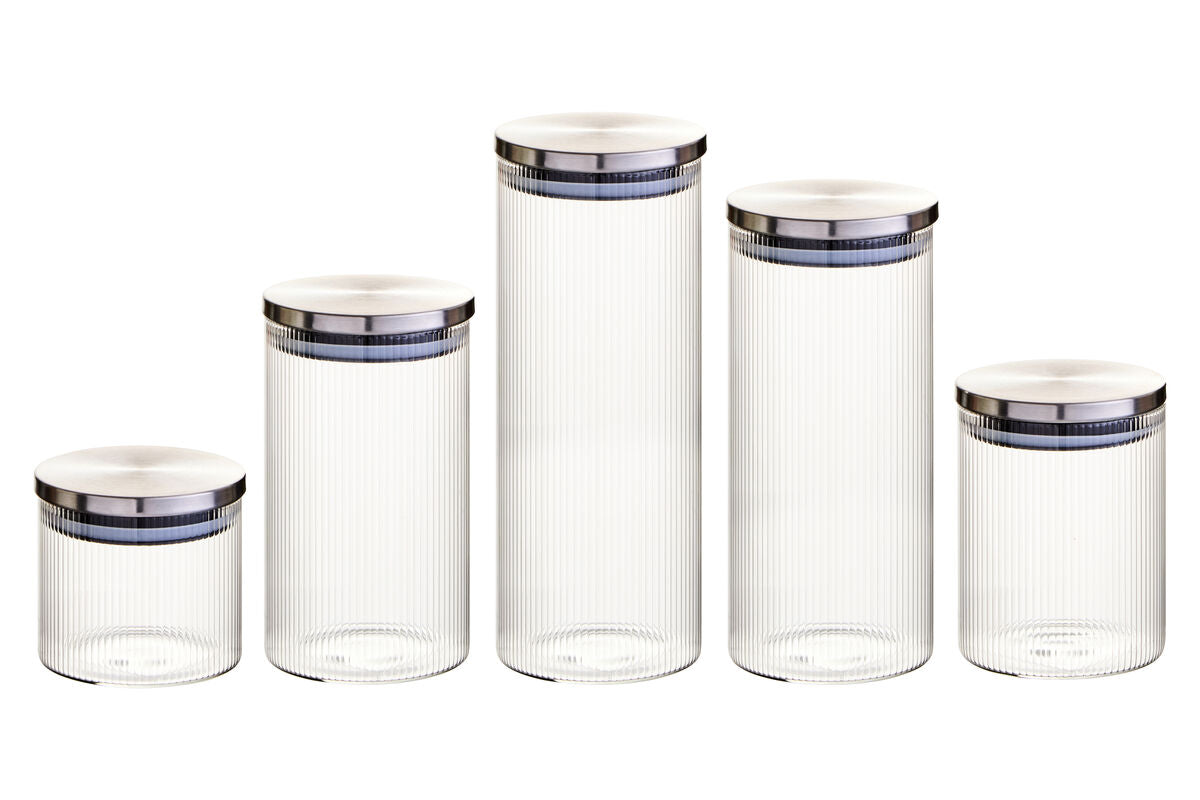 Freska Set of Five Ribbed Round Glass Jars with Silver Lids - Image 1
