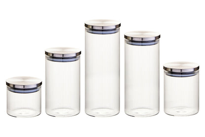 Freska Set of Five Ribbed Round Glass Jars with Silver Lids - Image 1