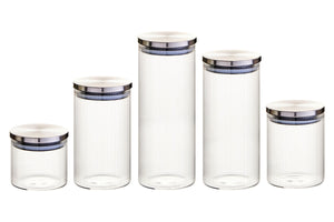 Freska Set of Five Ribbed Round Glass Jars with Silver Lids