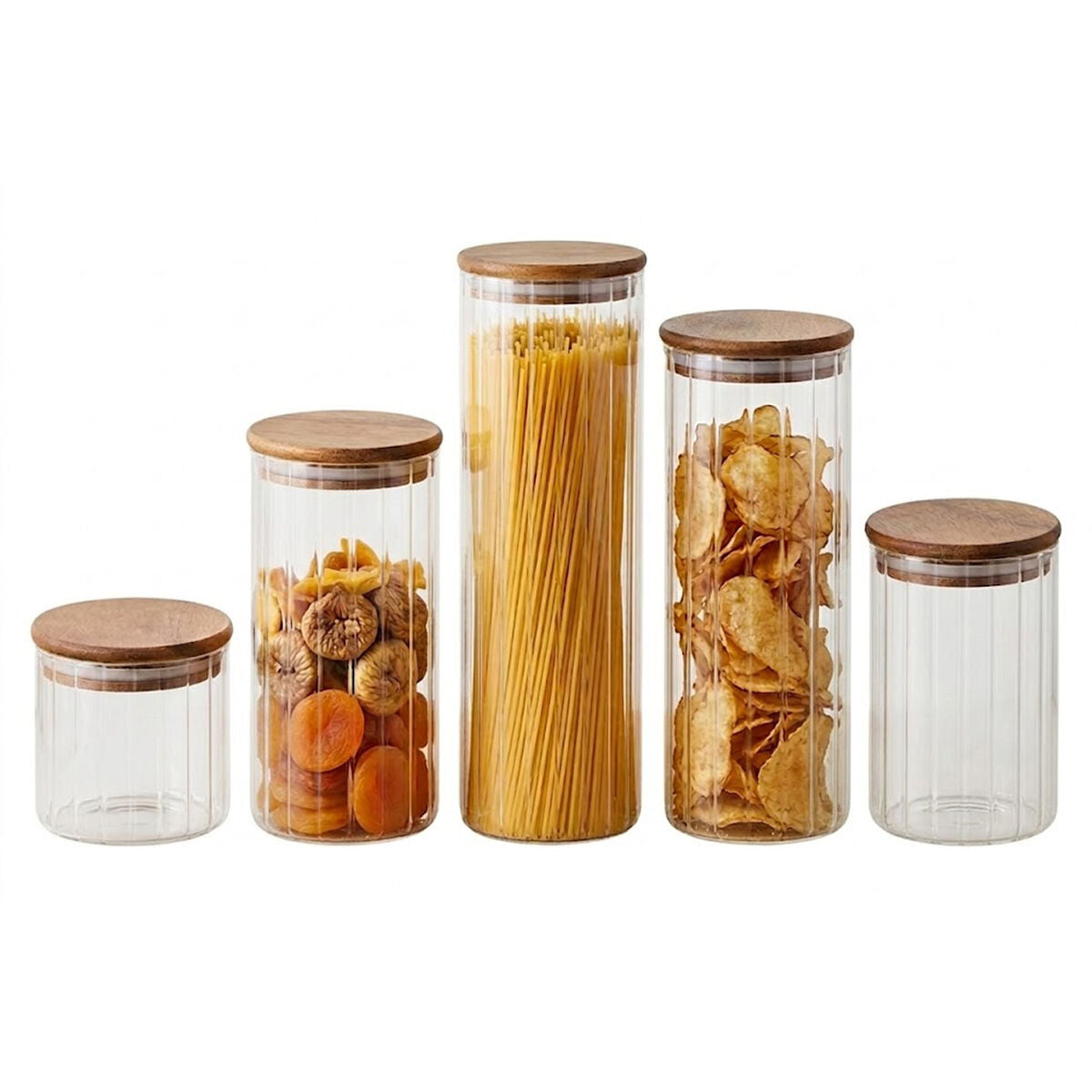 Freska Set of Five Ribbed Round Clear Glass Jars with Acacia Wood Lids