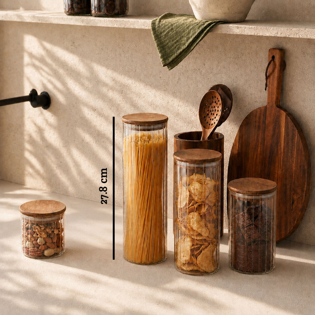 Freska Set of Five Ribbed Round Clear Glass Jars with Acacia Wood Lids