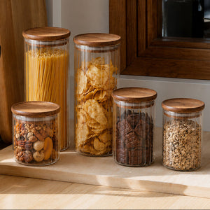 Set of Five Ribbed Round Clear Glass Jars with Acacia Wood Lids | Freska
