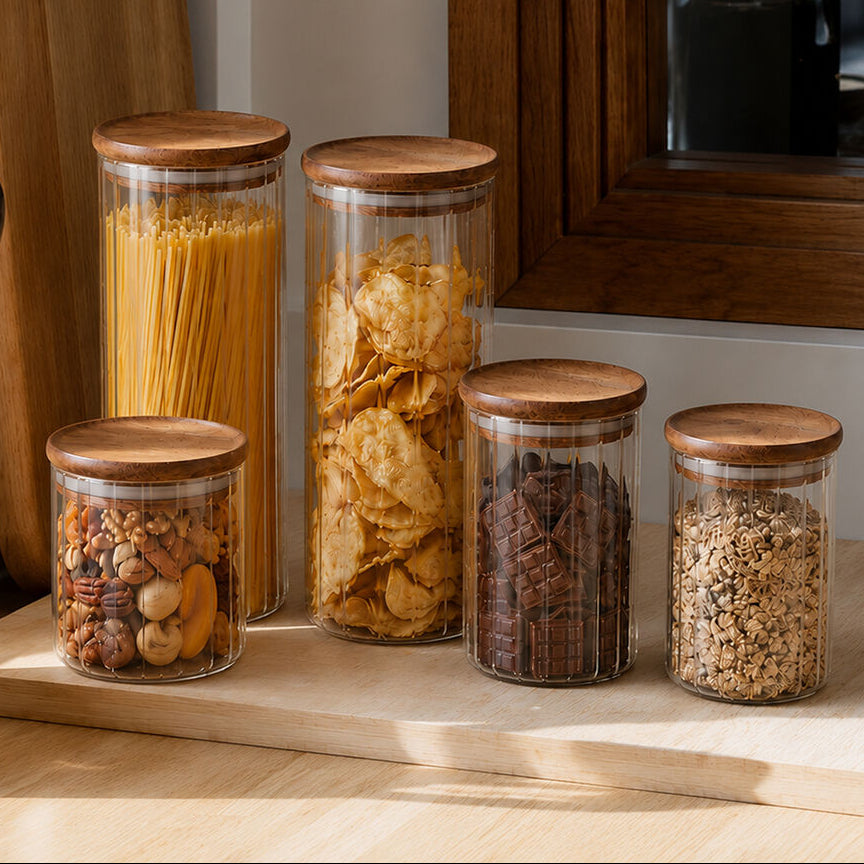 Freska Set of Five Ribbed Round Clear Glass Jars with Acacia Wood Lids