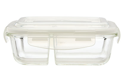 Clear glass food container with a lid on a white background