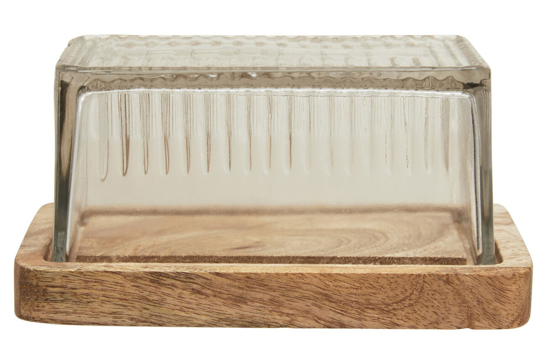 Butter dish with glass cover on a wooden base
