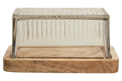 Butter dish with glass cover on a wooden base