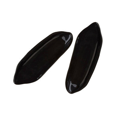 Two black car side mirror covers on a white background