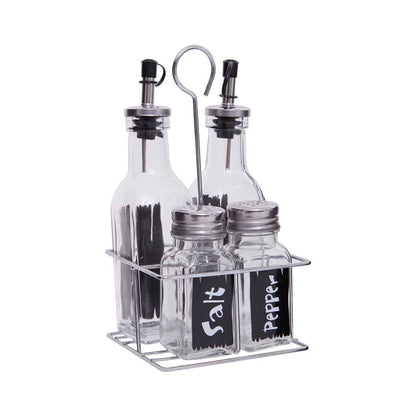 Clr Glass Oil/Vinegar/Salt &amp; Pepper Set In Wire Stand