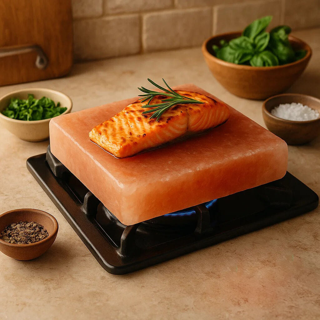 Salmon on a salt block with herbs and spices on a kitchen counter