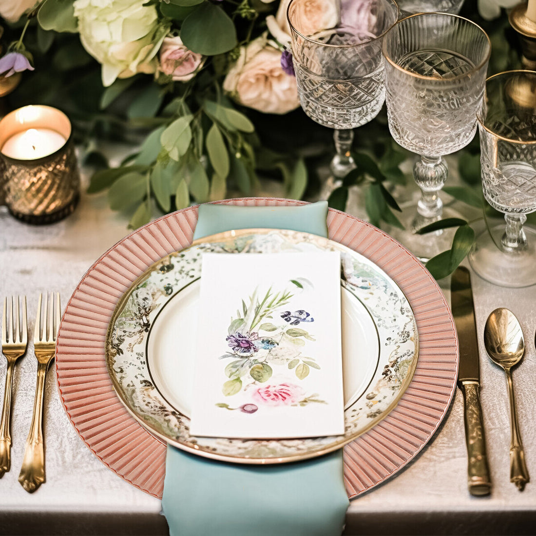 Elegant table setting with floral plates, glasses, and utensils.
