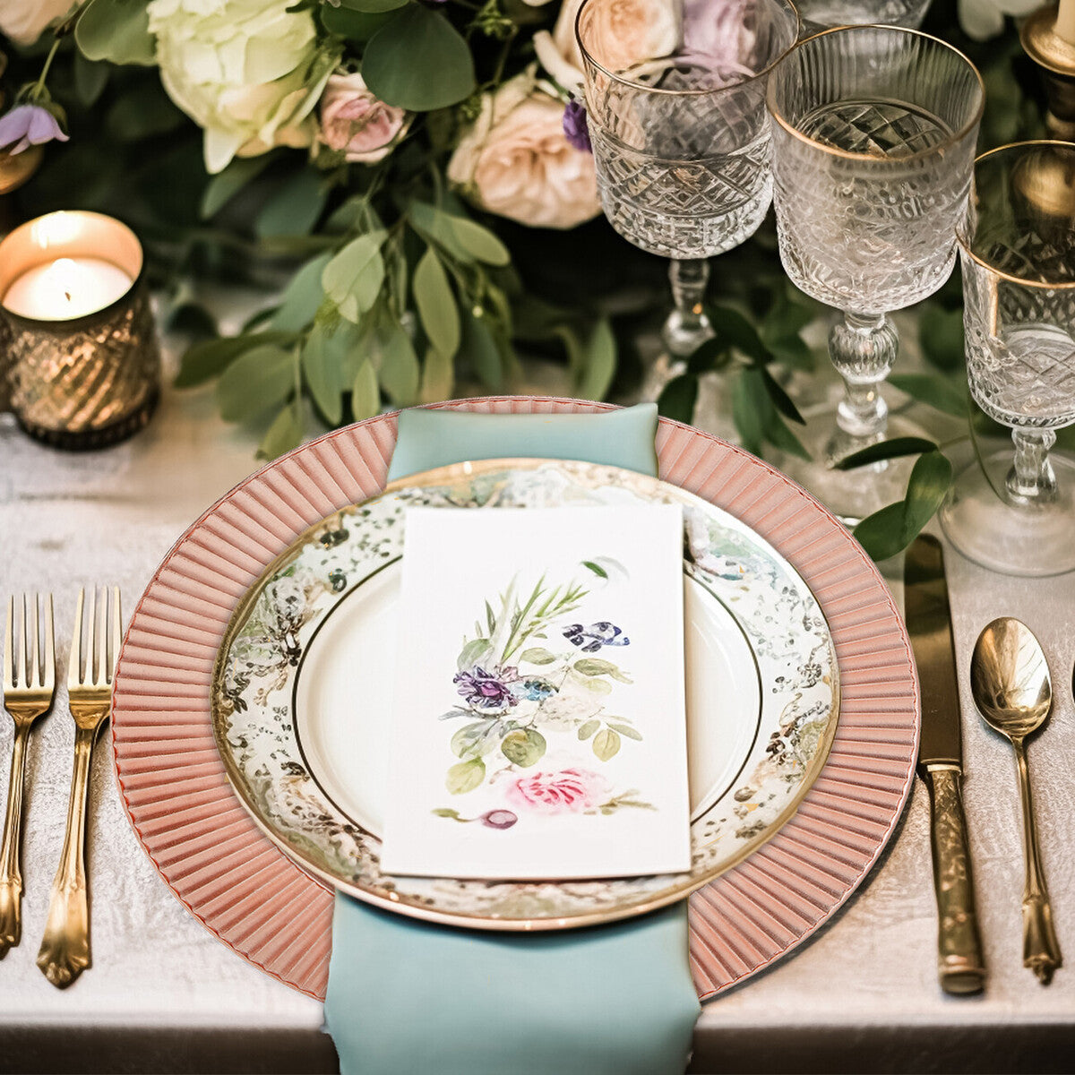 Elegant table setting with floral plates, glasses, and utensils.