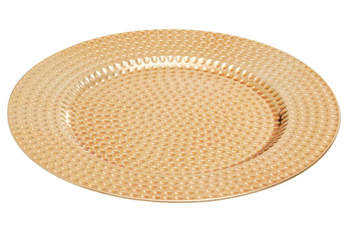 Gold woven round placemat on a white background