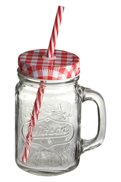 Embossed Mason Square Jar Mug With Red Gingham Lid