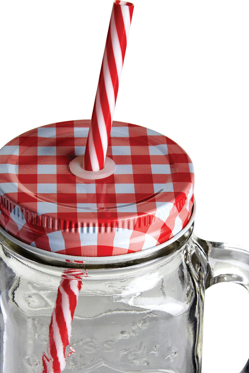 Embossed Mason Square Jar Mug With Red Gingham Lid