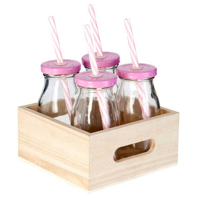 Pink Straws And Lids Glass Drinking Milk Bottles