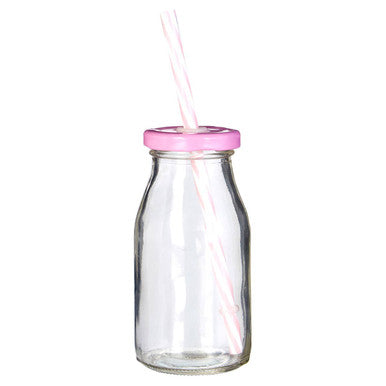 Pink Straws And Lids Glass Drinking Milk Bottles