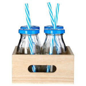 Set of 4 Milk Bottles with Blue Straws and Lids | Dayla