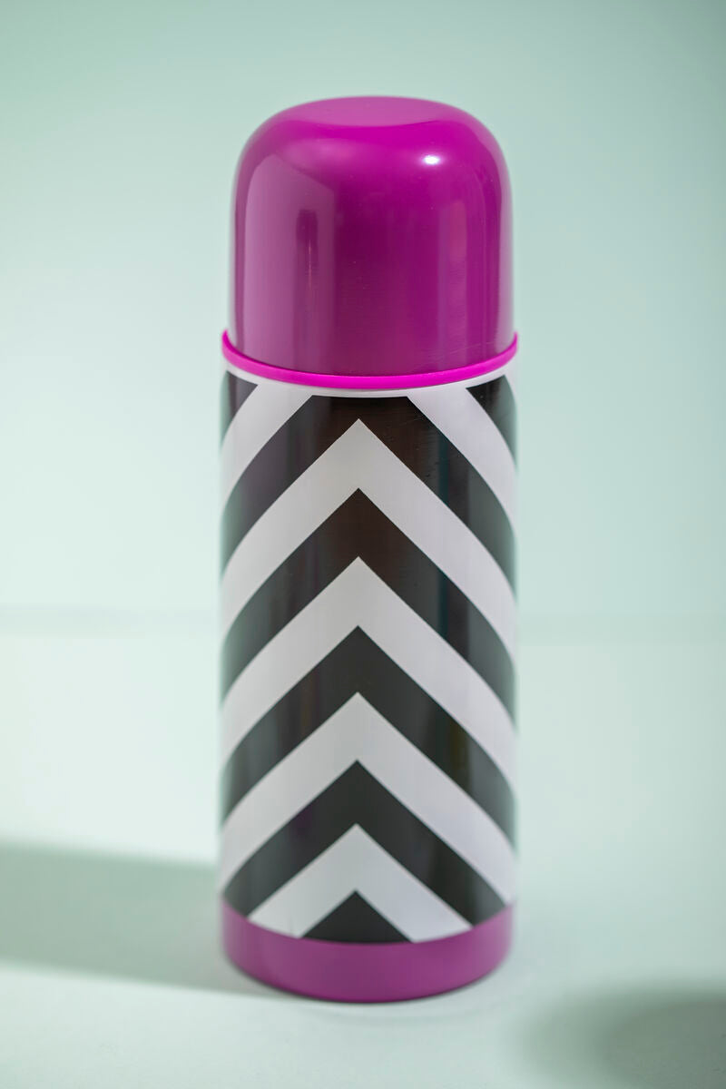 Thermos bottle with black and white chevron pattern and purple accents on a light gray background