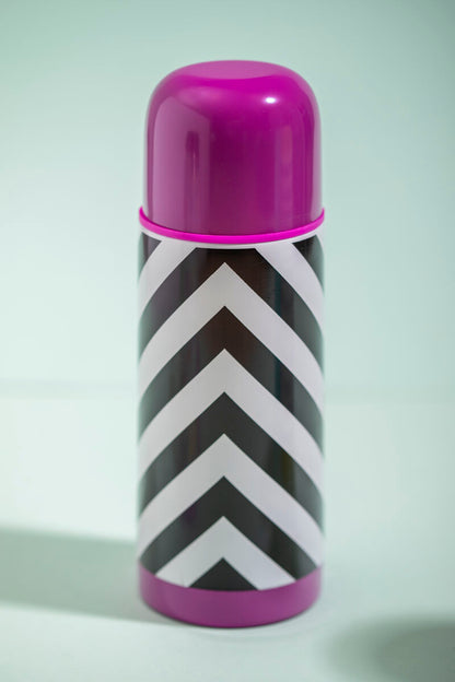 Thermos bottle with black and white chevron pattern and purple accents on a light gray background
