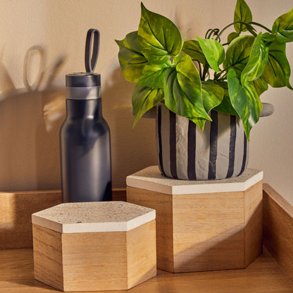 Hexagonal wooden containers with a plant and water bottle on a wooden surface