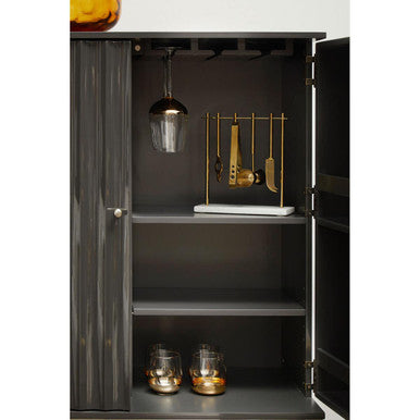 Open black cabinet with shelves and decorative items on a white background