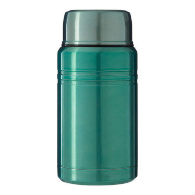 Green thermos with silver lid on a white background