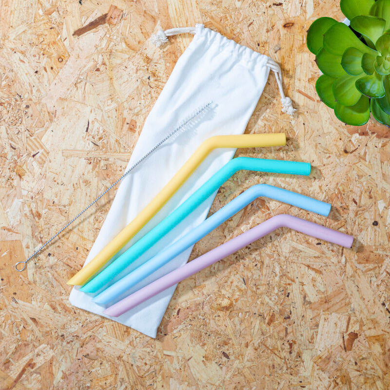 Set of colorful straws in a white drawstring bag on a wooden surface with a succulent plant.
