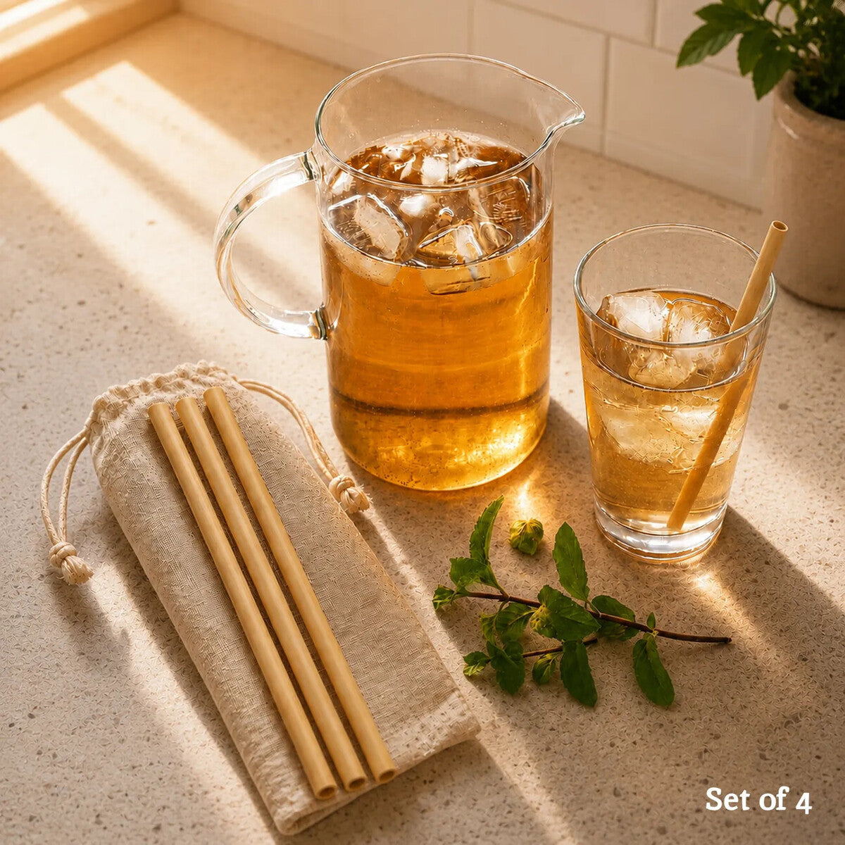 Mimo Set Of 4 Bamboo Straws With Cleaning Brush