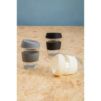 Mimo Glass Mug With Cream Silicone Band Lid