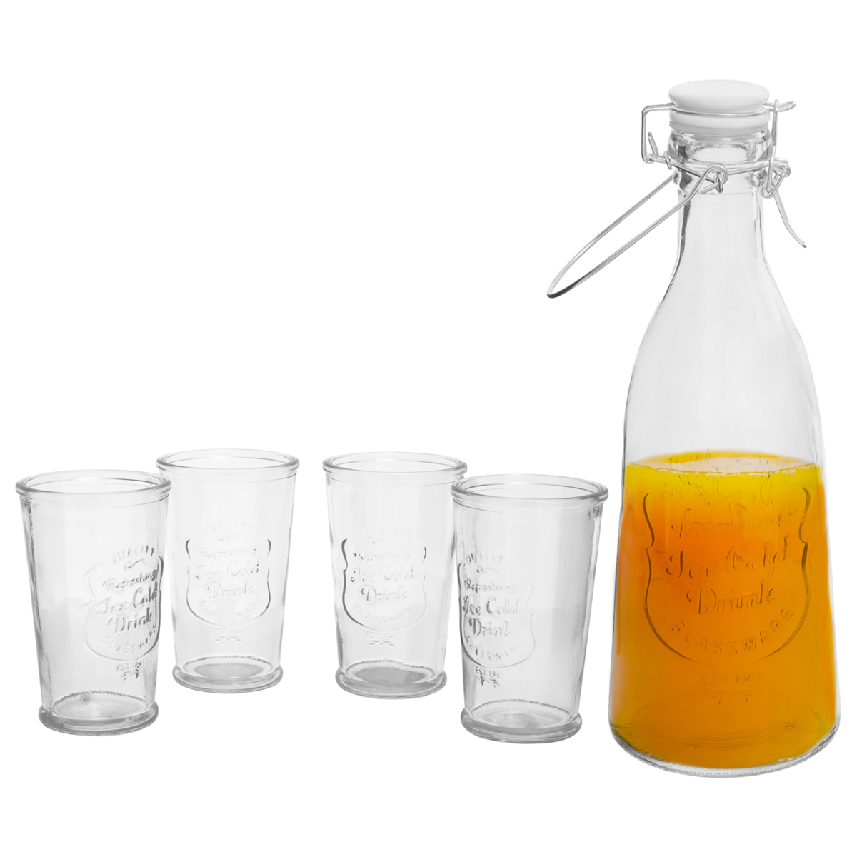 Clear glass carafe with cork stopper and four glasses on a white background