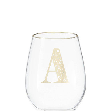 Clear stemless wine glass with gold letter &