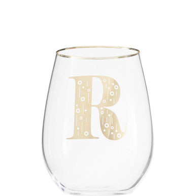 Clear stemless wine glass with a gold letter &