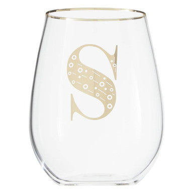 Clear stemless wine glass with a gold letter &