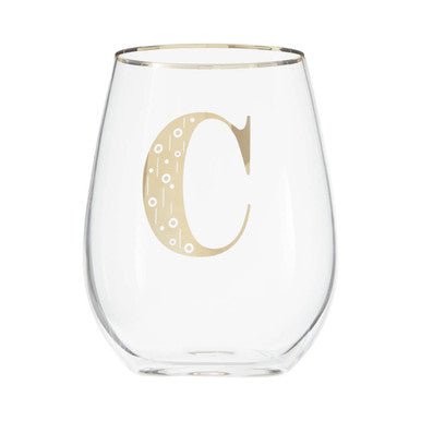 Clear stemless wine glass with a gold letter &
