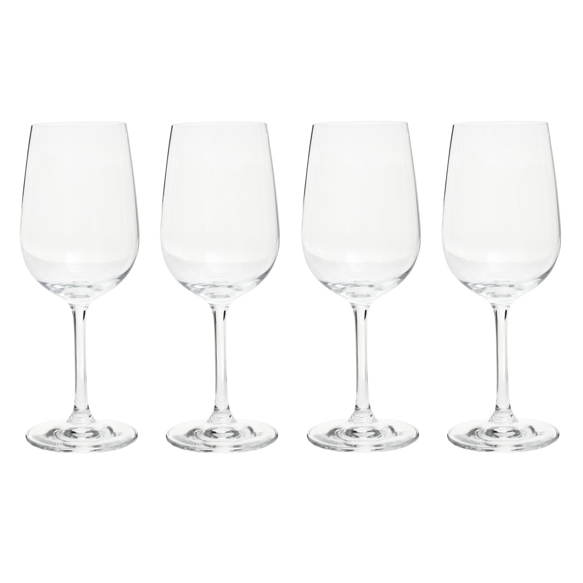 Four clear wine glasses on a white background