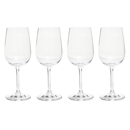 Four clear wine glasses on a white background