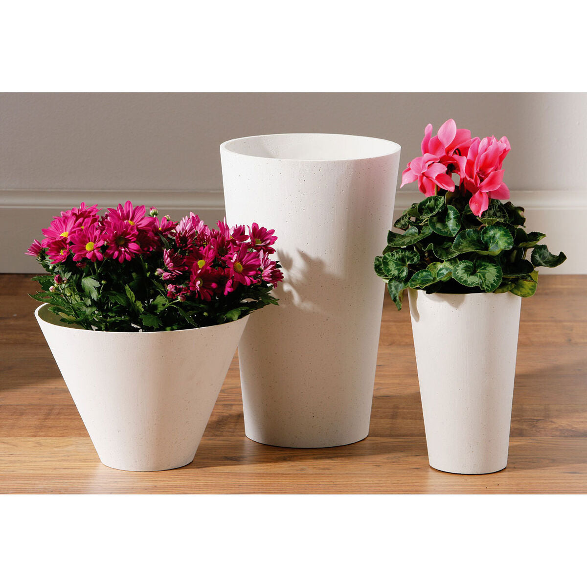 Three white planters with pink flowers on a wooden surface