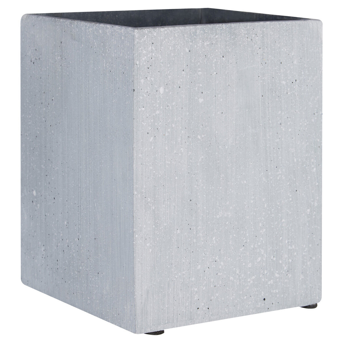 Square gray planter with a textured surface on a white background