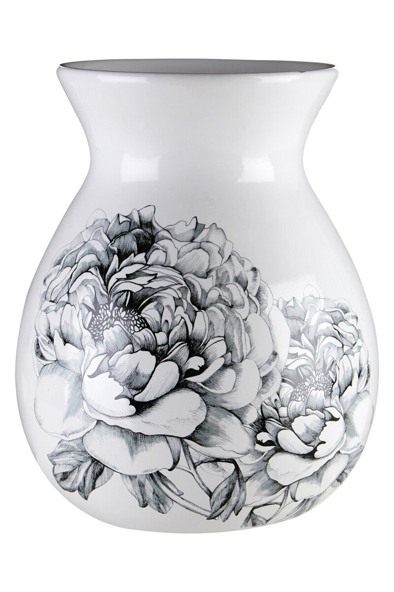 White vase with black floral design on a white background