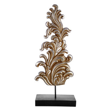 Decorative metal leaf sculpture on a black stand against a white background