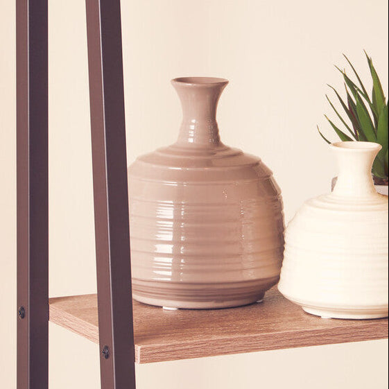 Shelving unit with decorative vases and a plant against a plain wall